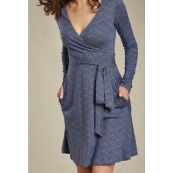 Toad & Co Womens Cue Wrap Long Sleeve Dress Size S Active Stretch Waist Tie Blue - Picture 2 of 8